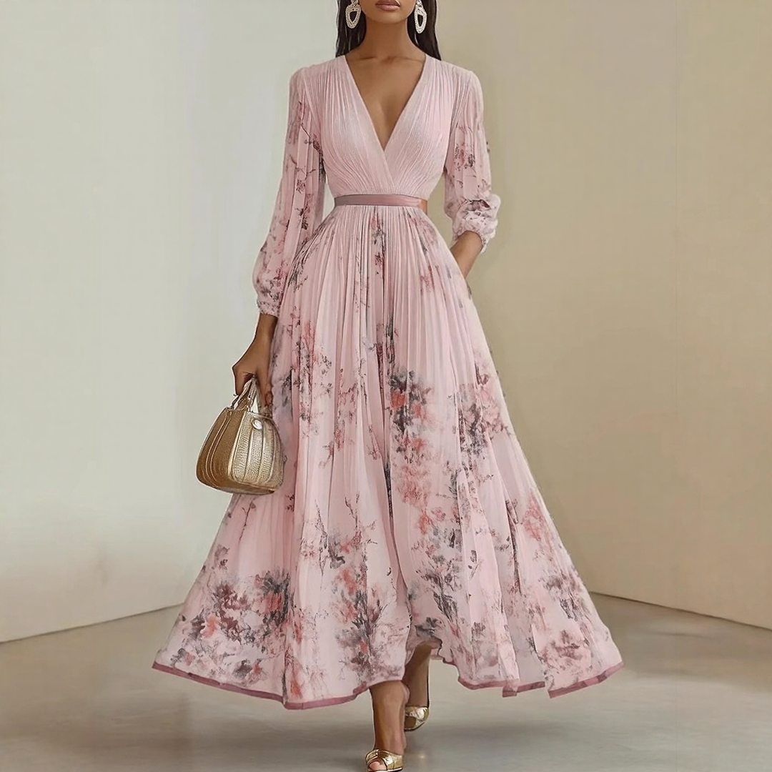 Sireya | Women's Pleated Floral V-Neck Maxi Dress