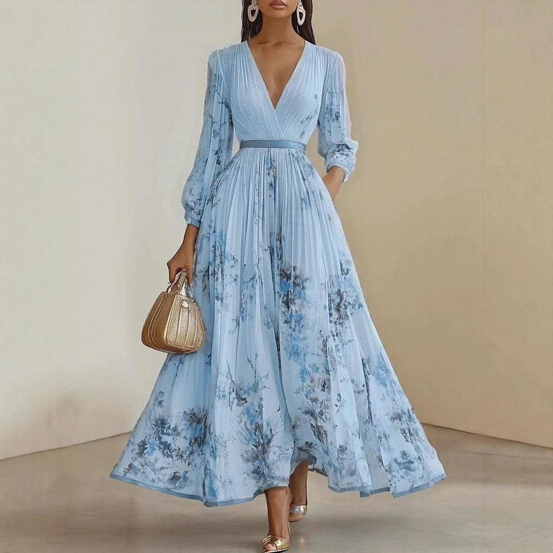 Sireya | Women's Pleated Floral V-Neck Maxi Dress