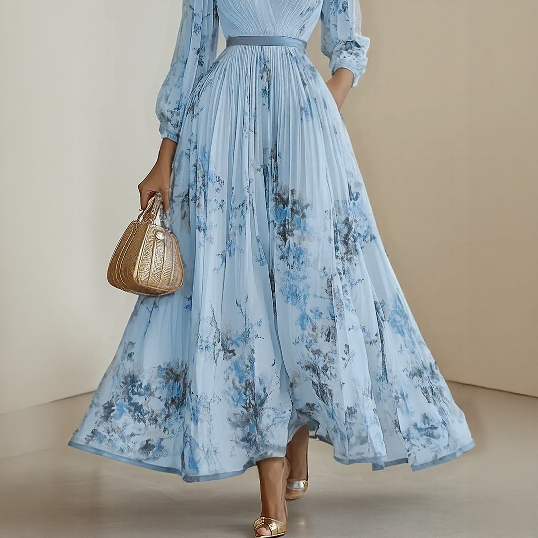 Sireya | Women's Pleated Floral V-Neck Maxi Dress