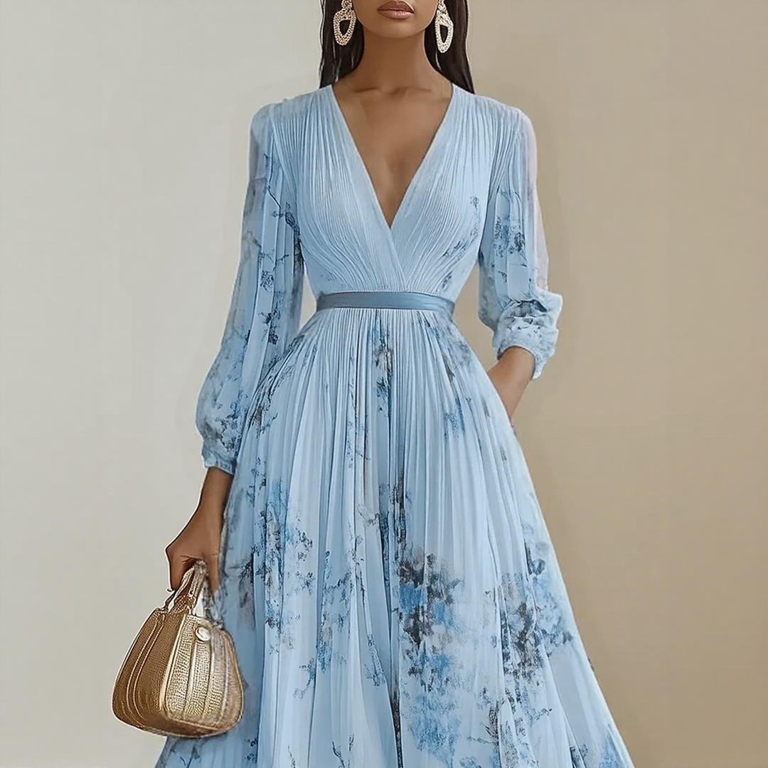 Sireya | Women's Pleated Floral V-Neck Maxi Dress