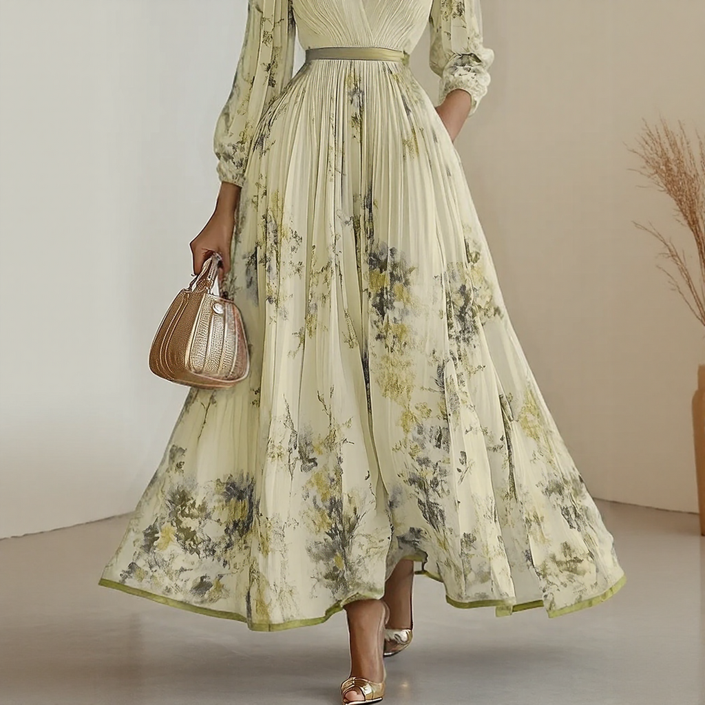 Sireya | Women's Pleated Floral V-Neck Maxi Dress