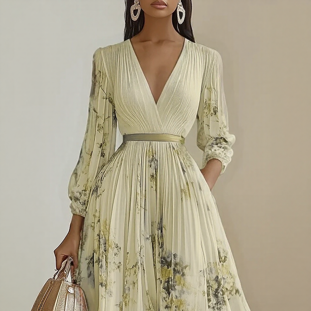Sireya | Women's Pleated Floral V-Neck Maxi Dress