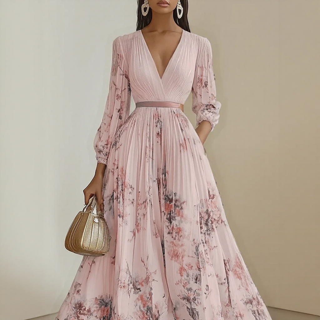 Sireya | Women's Pleated Floral V-Neck Maxi Dress