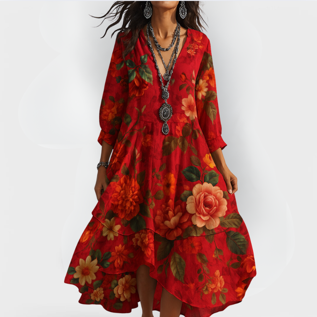 Fleur | Women's Vintage Boho Floral V-Neck Midi Dress