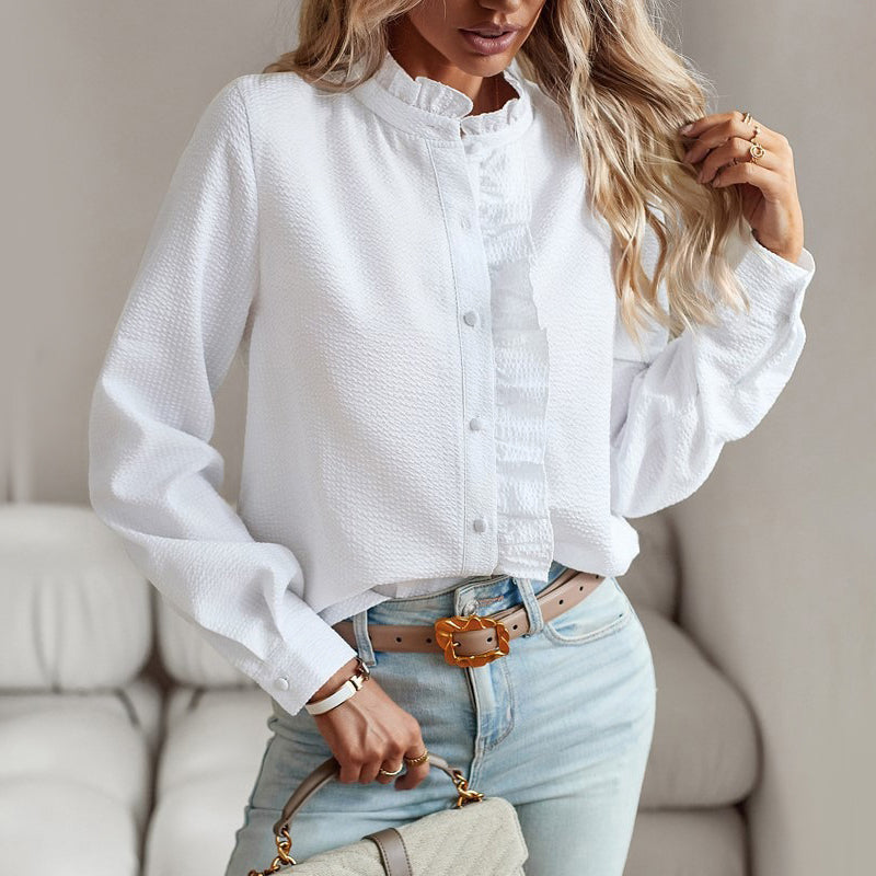 Mireille | Women's Chic Ruffle-Trim Button-Up Shirt