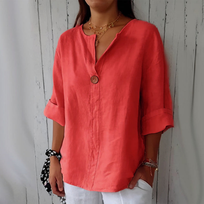 Odalys | Women's Relaxed Single-Button V-Neck Blouse