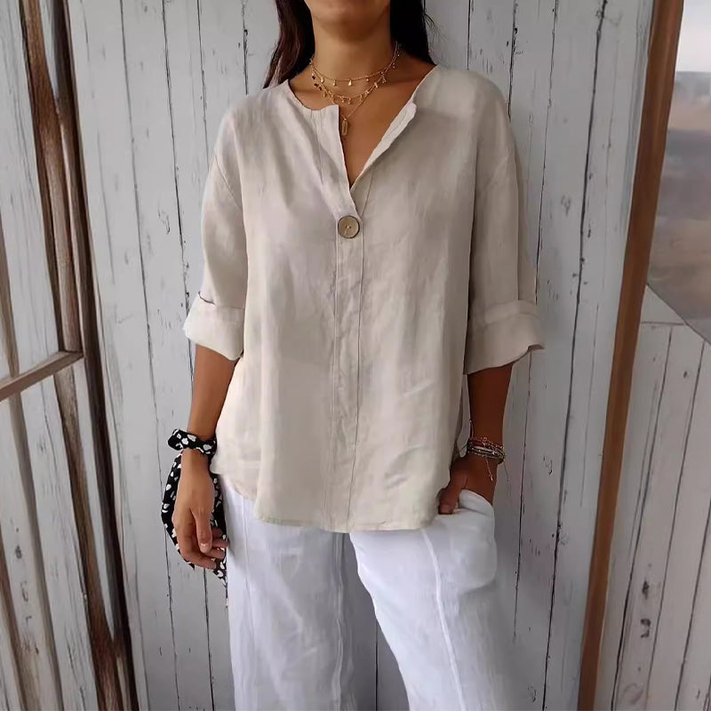 Odalys | Women's Relaxed Single-Button V-Neck Blouse
