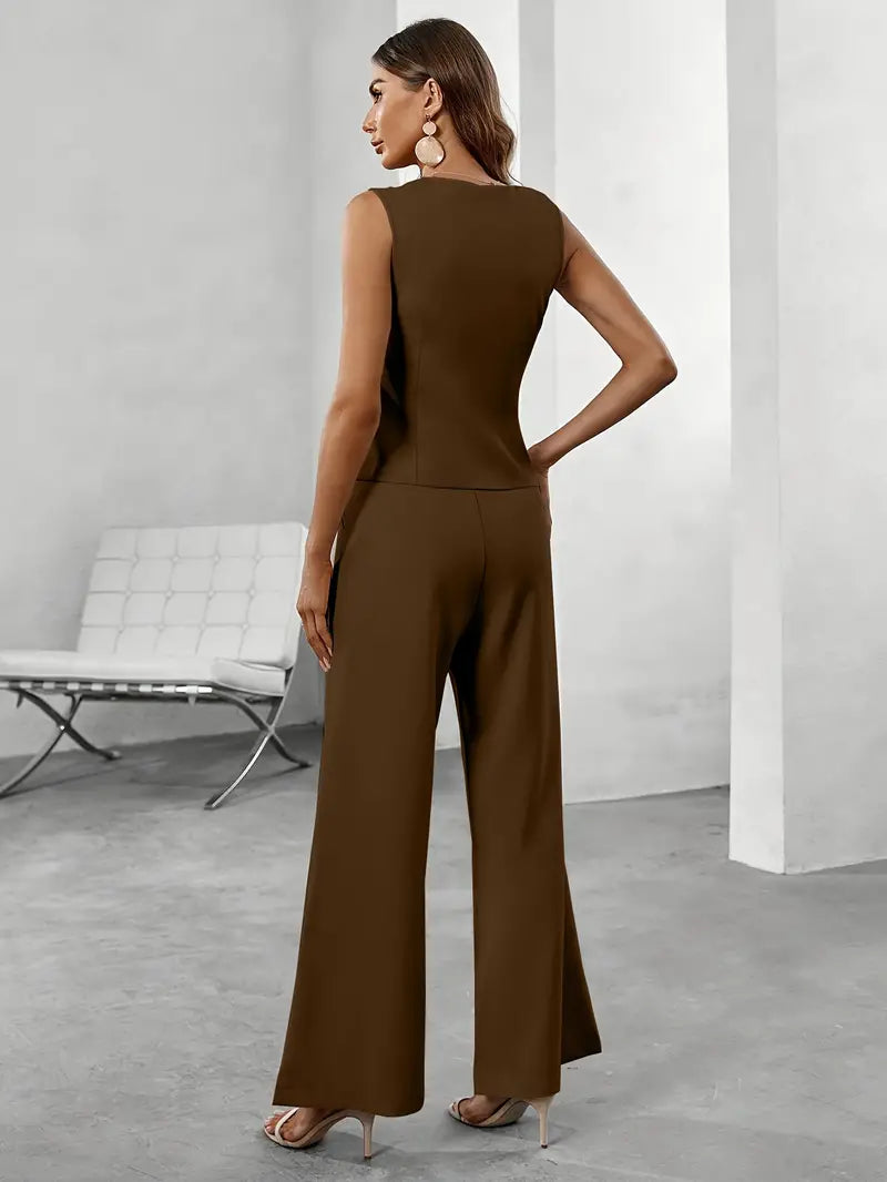 Chloette | Women's Sleeveless Vest & Wide Leg Trousers Set