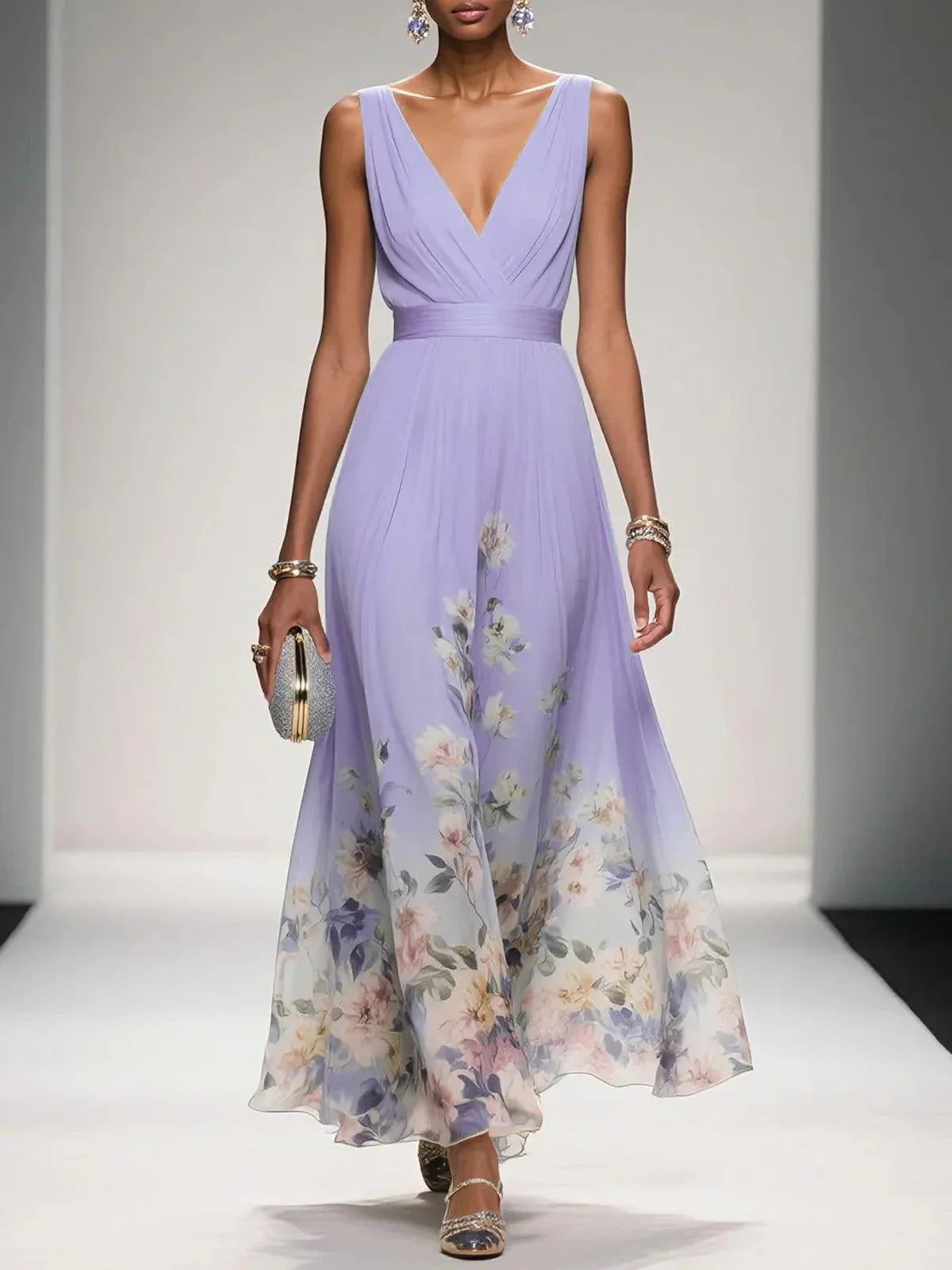 Kitty | Women's Floral Chiffon V-Neck Maxi Dress