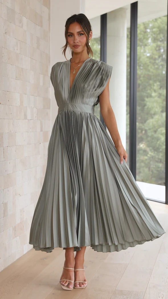 Eulalia | Women's Elegant V-Neck Pleated Midi Dress
