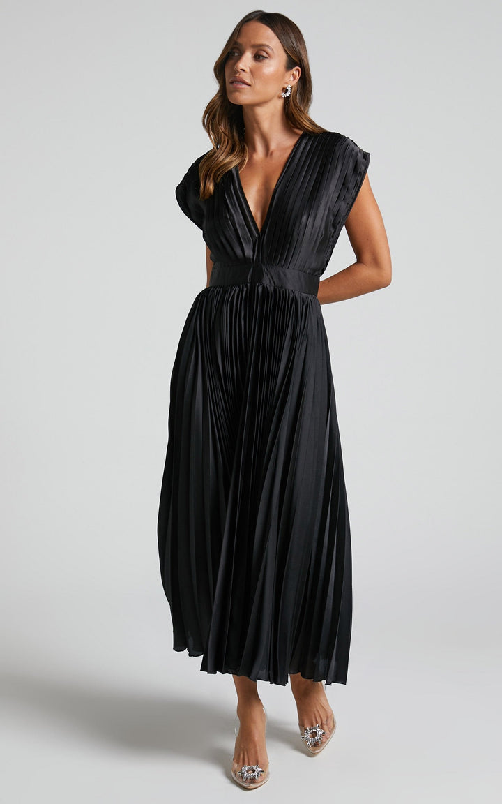 Eulalia | Women's Elegant V-Neck Pleated Midi Dress