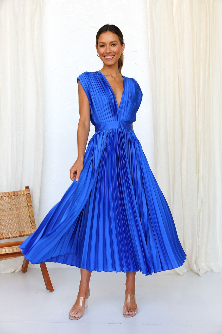 Eulalia | Women's Elegant V-Neck Pleated Midi Dress