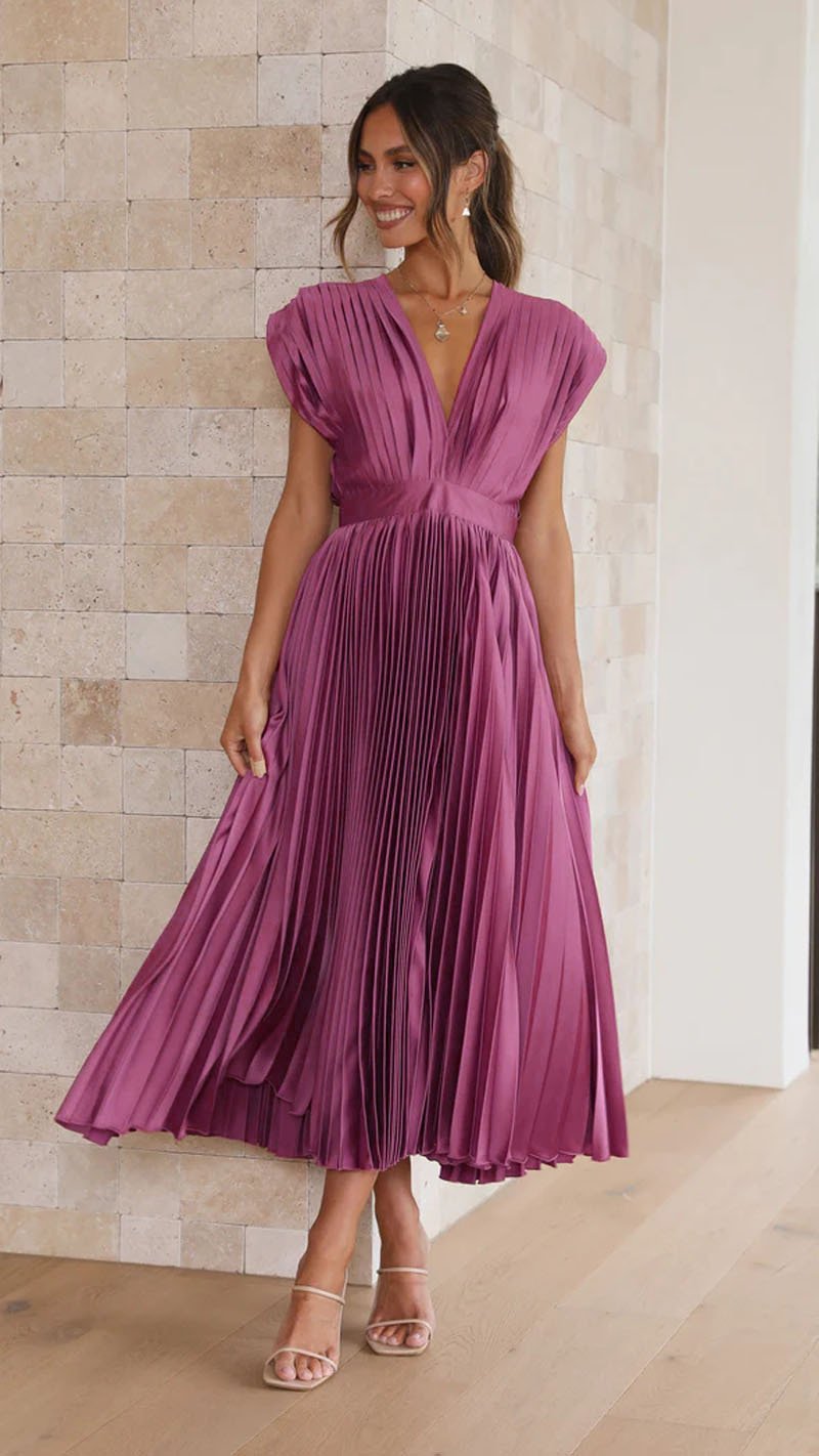 Eulalia | Women's Elegant V-Neck Pleated Midi Dress