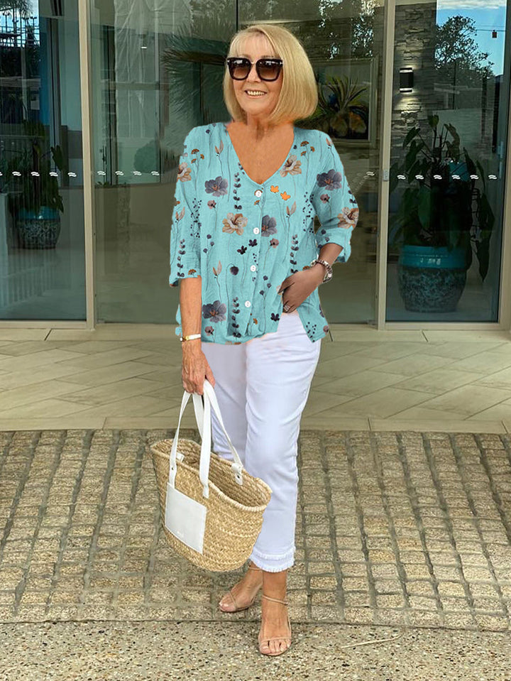 Nyxen | Women's Floral V-Neck Button Blouse