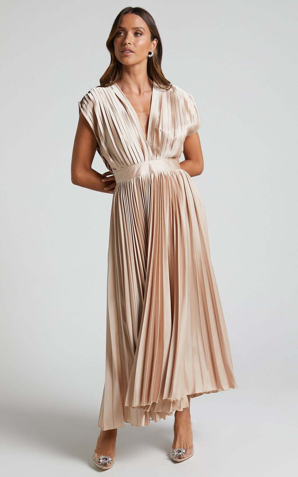 Eulalia | Women's Elegant V-Neck Pleated Midi Dress