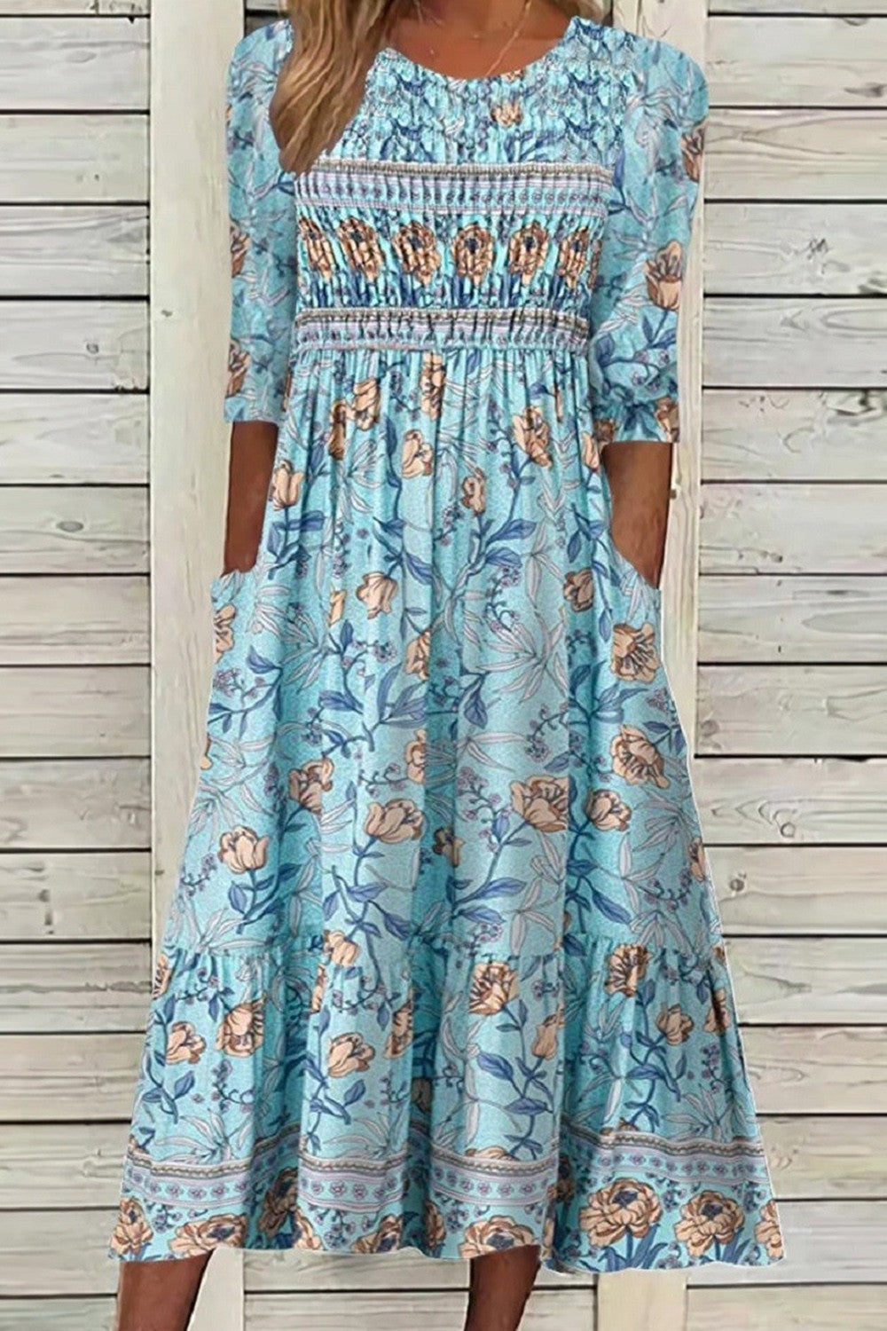 Halcyon | Women's Floral Smocked-Waist Tiered Midi Dress