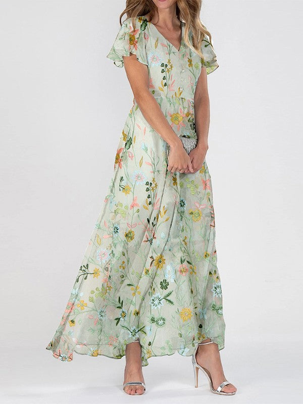 Sigrid | Women's Floral Flutter Sleeve V-Neck Maxi Dress