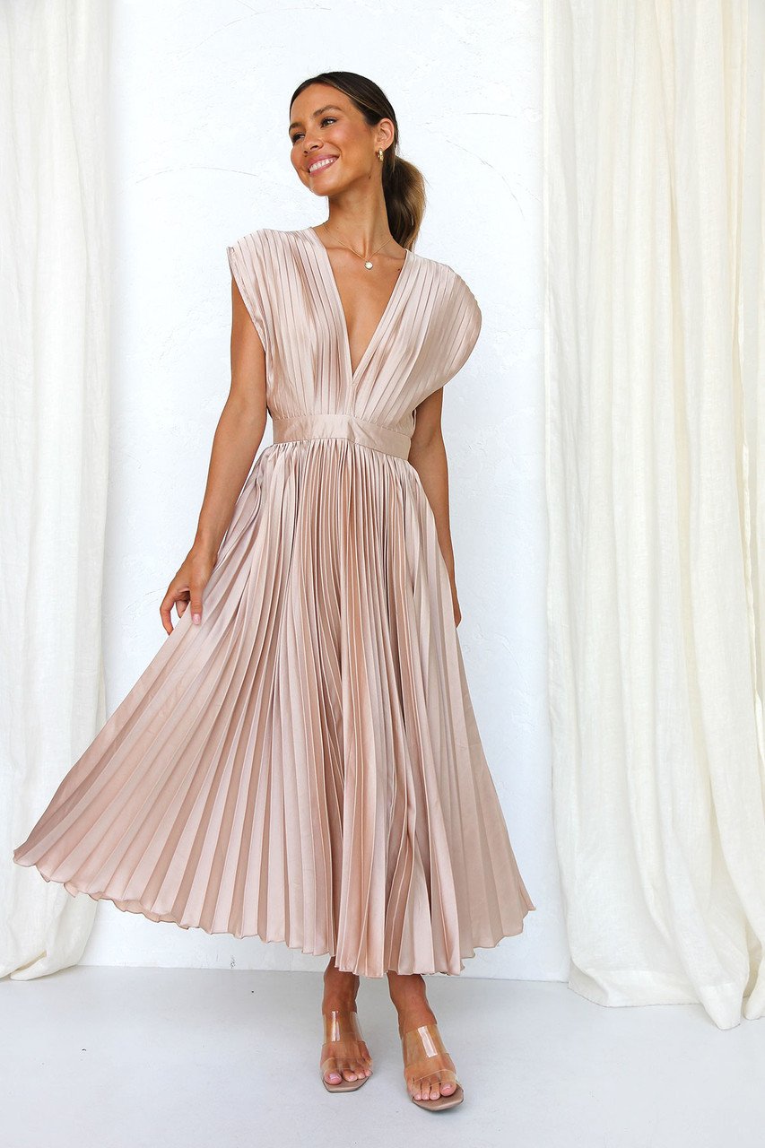 Eulalia | Women's Elegant V-Neck Pleated Midi Dress