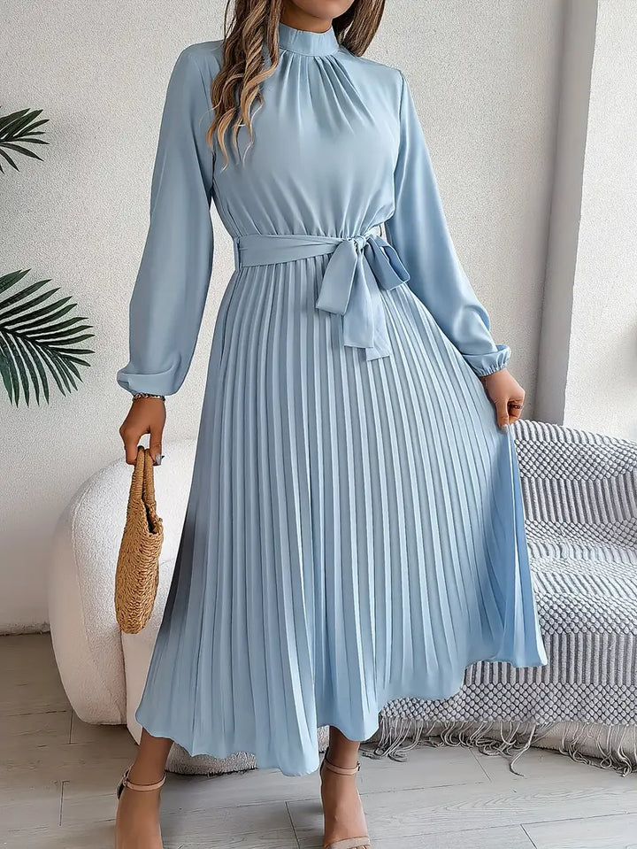 Nolira | Women's Pleated Belted Long Sleeve Midi Dress