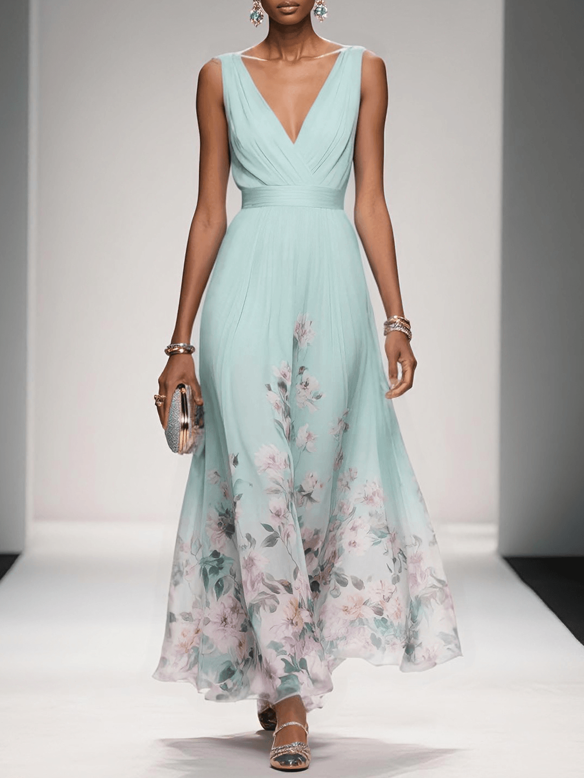 Kitty | Women's Floral Chiffon V-Neck Maxi Dress