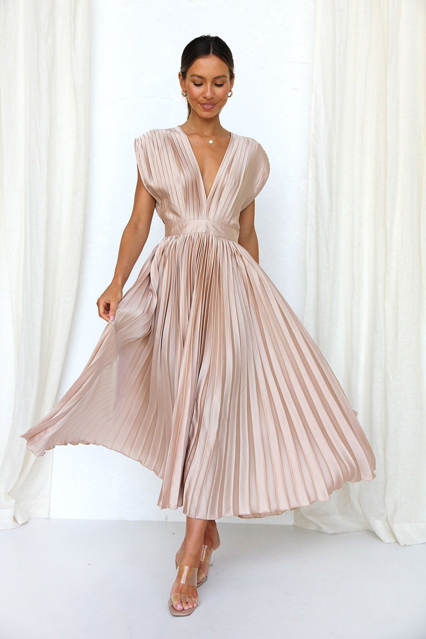 Eulalia | Women's Elegant V-Neck Pleated Midi Dress