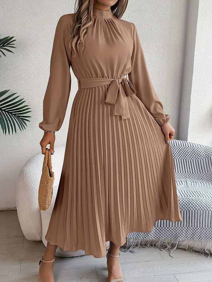 Nolira | Women's Pleated Belted Long Sleeve Midi Dress