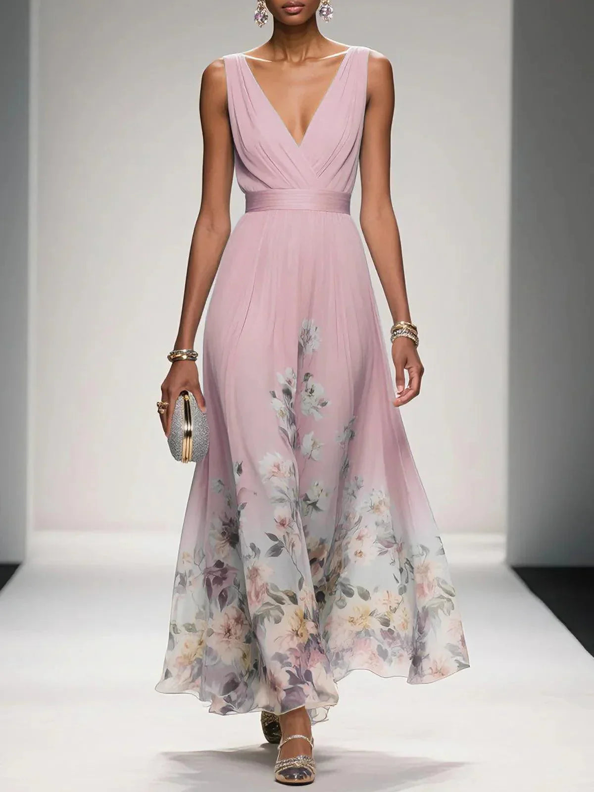 Kitty | Women's Floral Chiffon V-Neck Maxi Dress