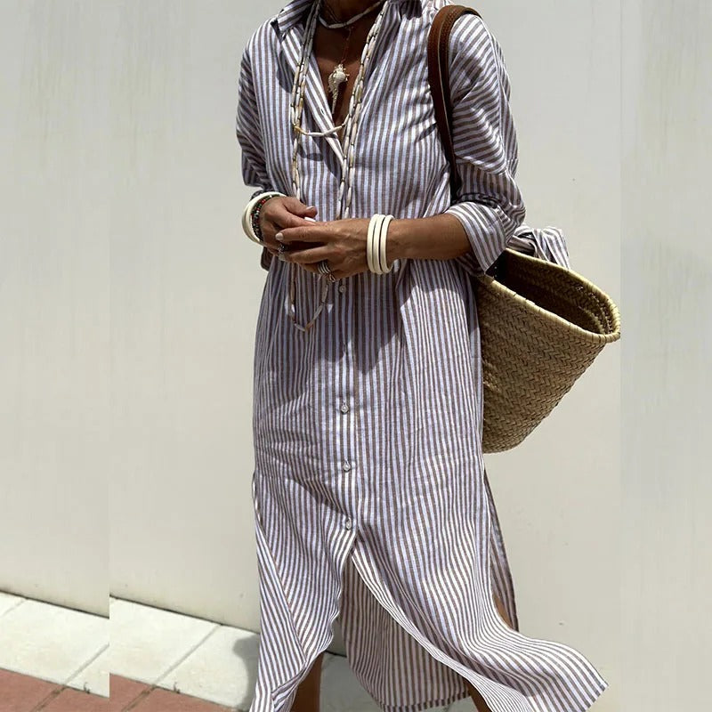 Kerensa | Women's Striped Button-Up Shirt Maxi Dress