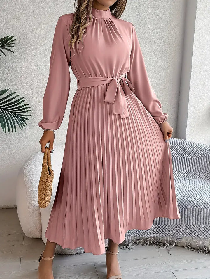 Nolira | Women's Pleated Belted Long Sleeve Midi Dress