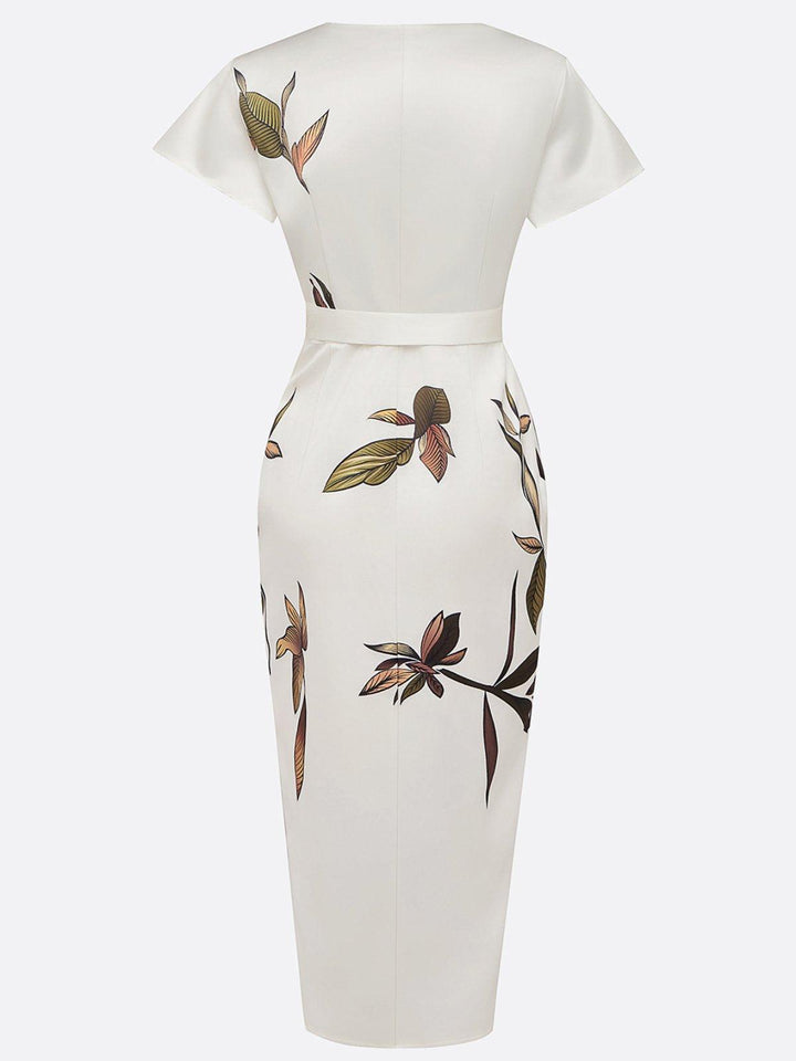 Morvella | Women's Leaf Print Bow Tie Wrap Midi Dress