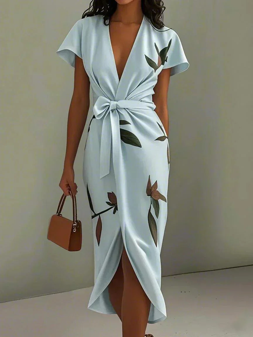 Morvella | Women's Leaf Print Bow Tie Wrap Midi Dress