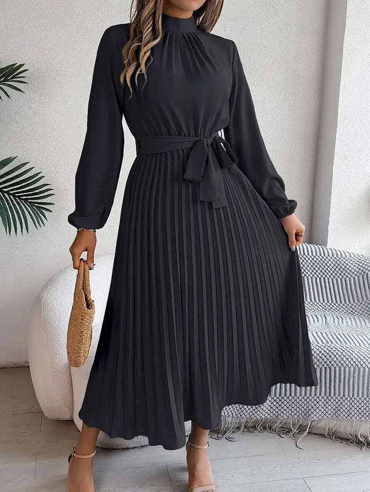 Nolira | Women's Pleated Belted Long Sleeve Midi Dress