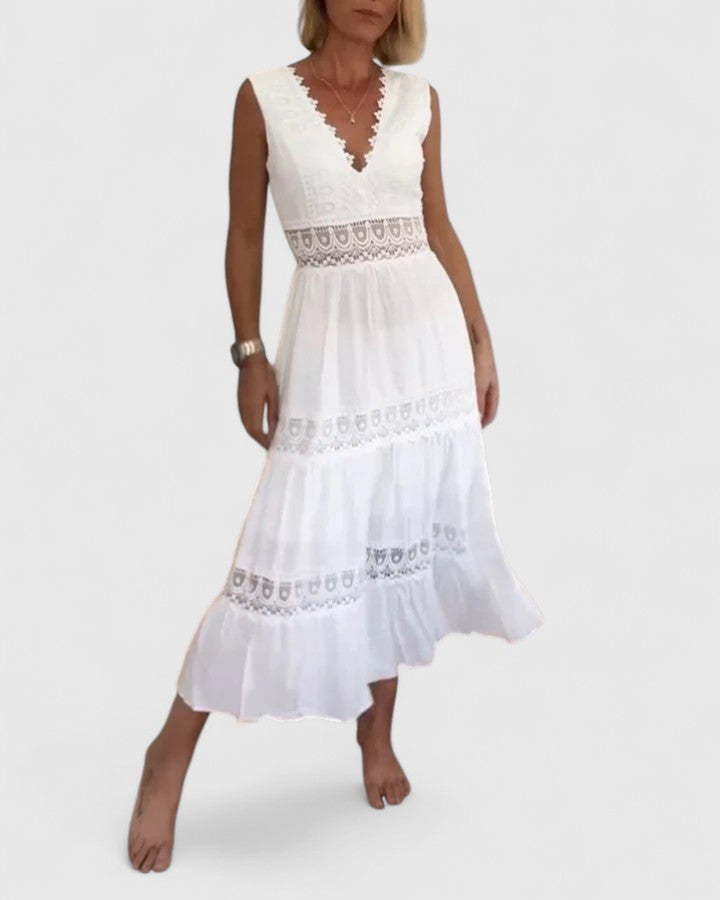 Isavelle | Women's Lace Trim Scallop V-Neck Midi Dress