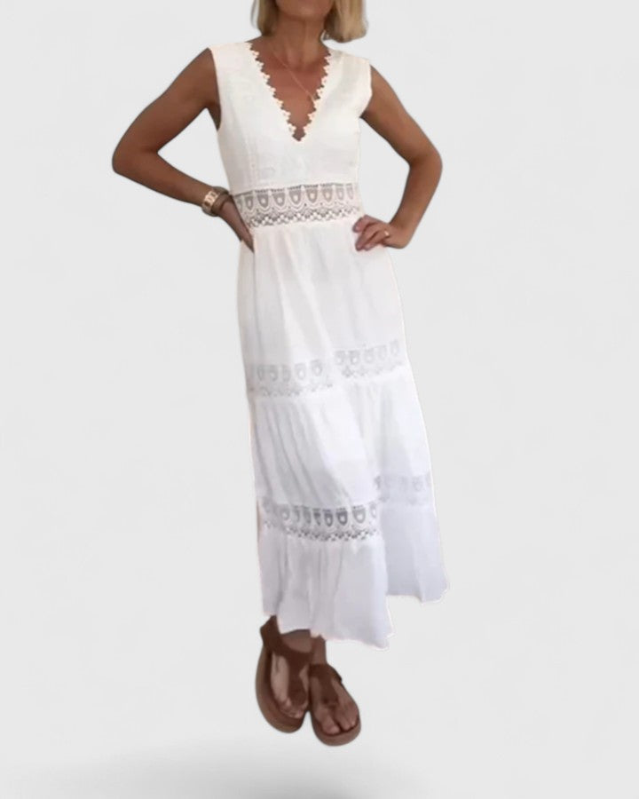 Isavelle | Women's Lace Trim Scallop V-Neck Midi Dress