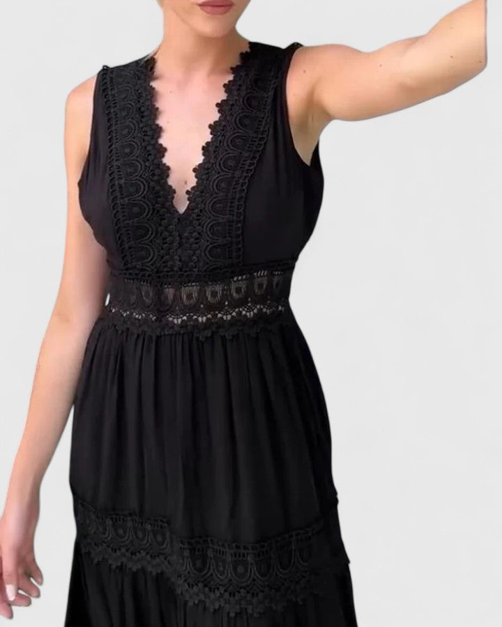 Isavelle | Women's Lace Trim Scallop V-Neck Midi Dress