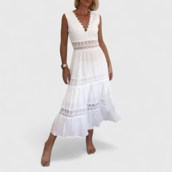Isavelle | Women's Lace Trim Scallop V-Neck Midi Dress