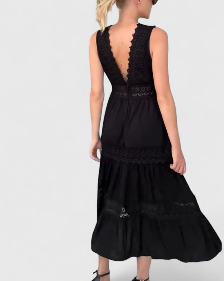 Isavelle | Women's Lace Trim Scallop V-Neck Midi Dress