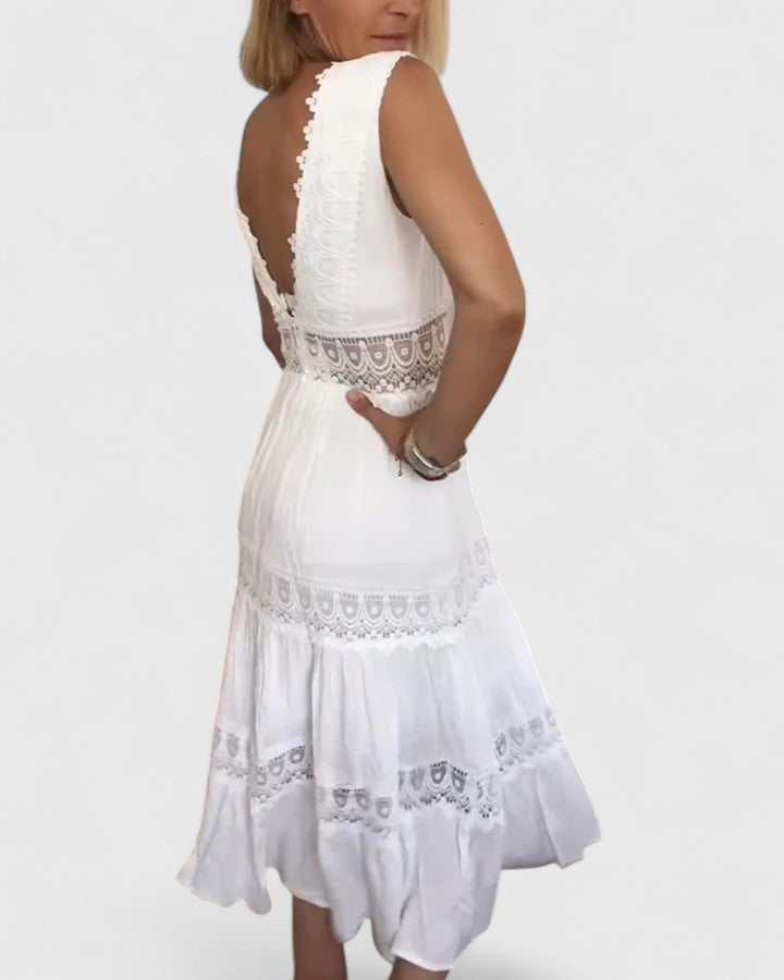 Isavelle | Women's Lace Trim Scallop V-Neck Midi Dress