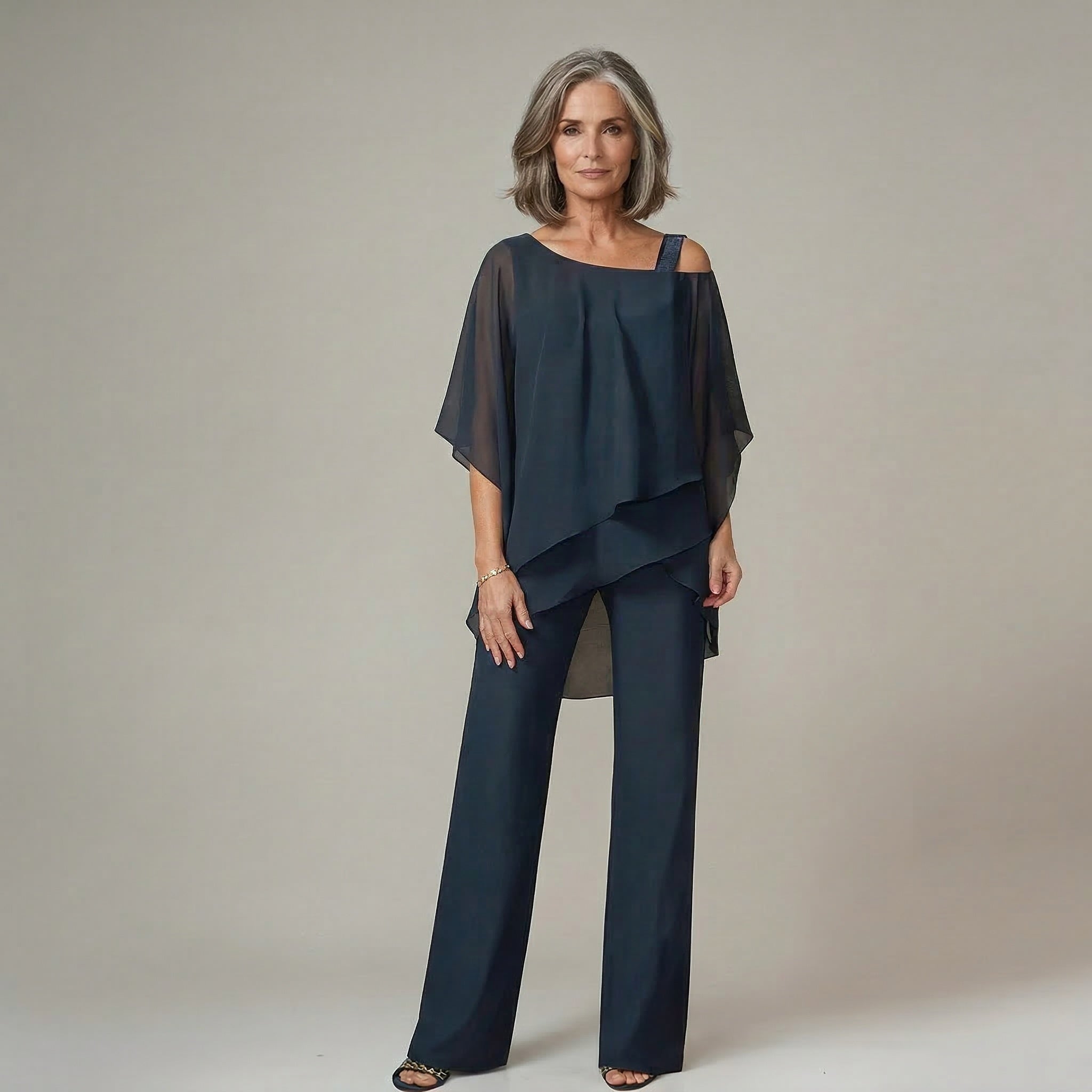 Caelune | Women's Asymmetric Overlay Top & Wide Leg Trouser Set