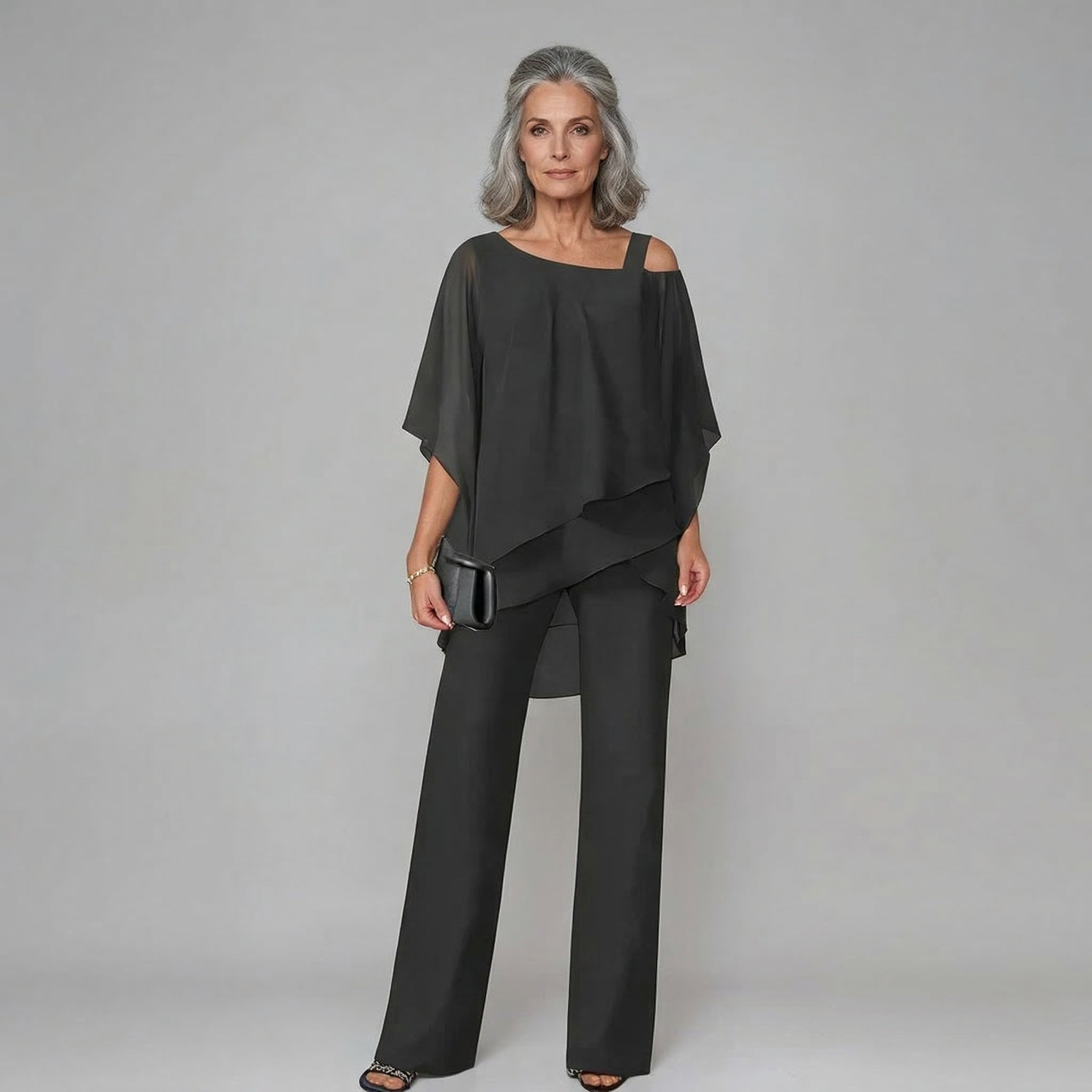 Caelune | Women's Asymmetric Overlay Top & Wide Leg Trouser Set