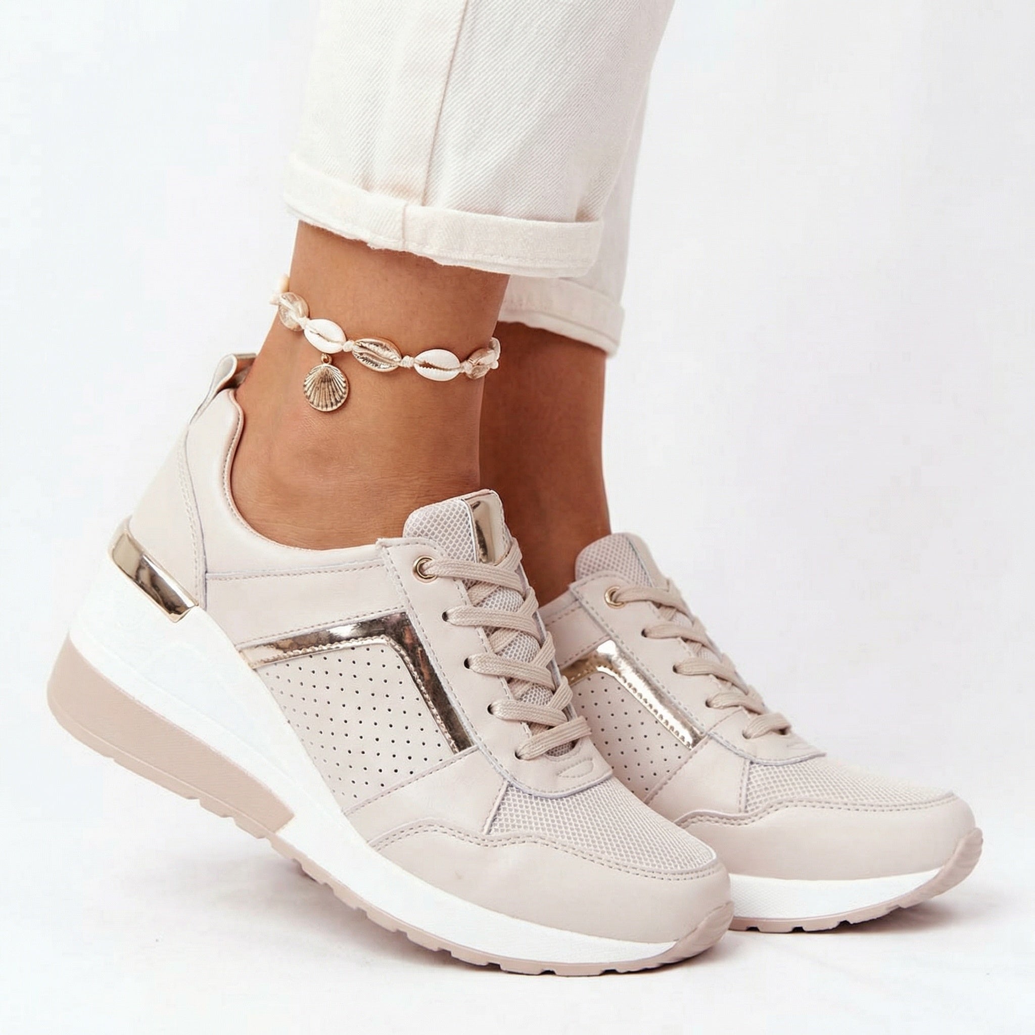 Nythera | Women's Metallic Trim Wedge Lace-Up Sneakers