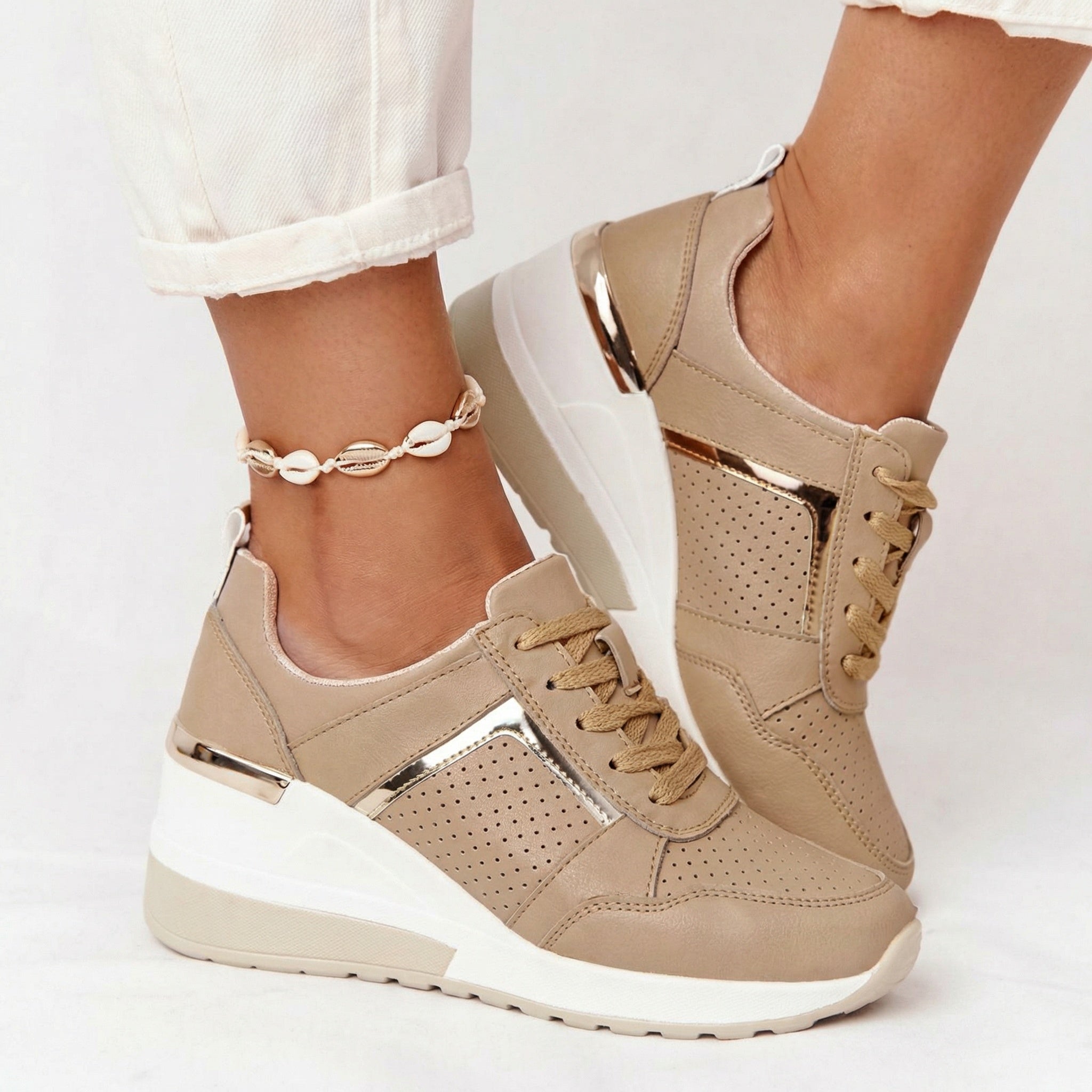 Nythera | Women's Metallic Trim Wedge Lace-Up Sneakers