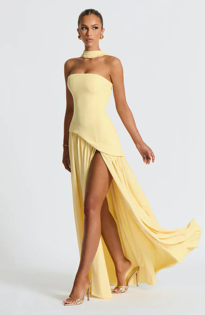 Marzelle | Women's Strapless Halter Neck Asymmetric Split Maxi Dress
