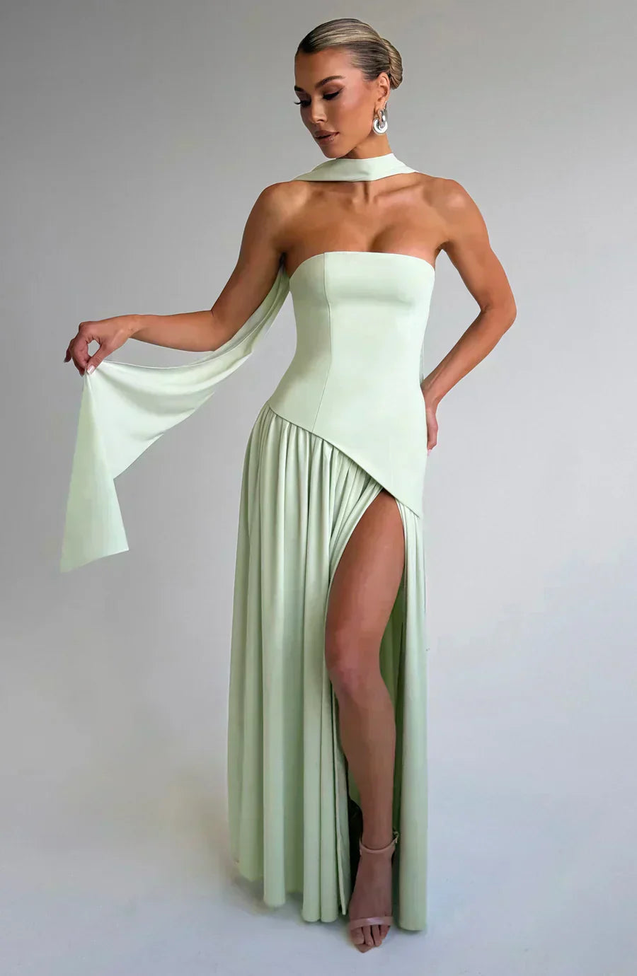 Marzelle | Women's Strapless Halter Neck Asymmetric Split Maxi Dress