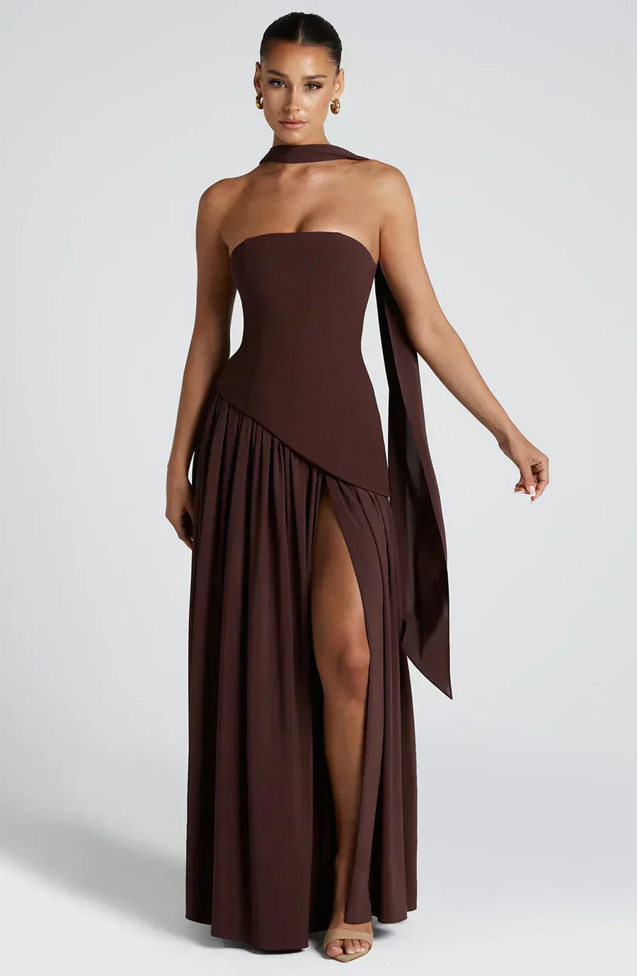 Marzelle | Women's Strapless Halter Neck Asymmetric Split Maxi Dress