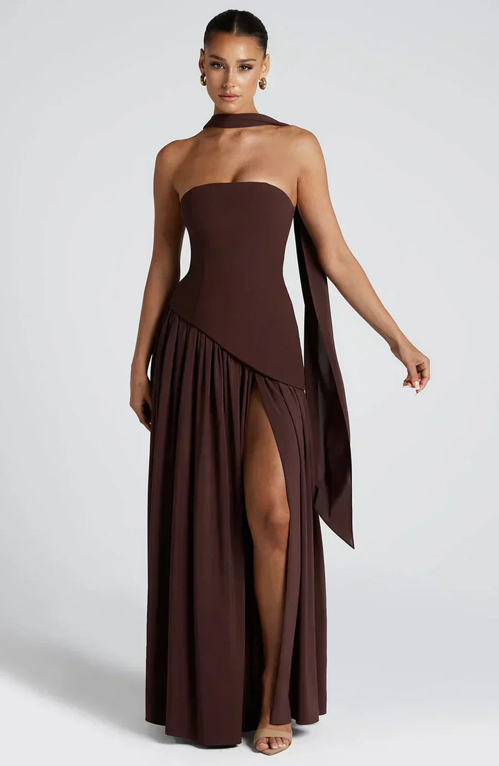 Marzelle | Women's Strapless Halter Neck Asymmetric Split Maxi Dress