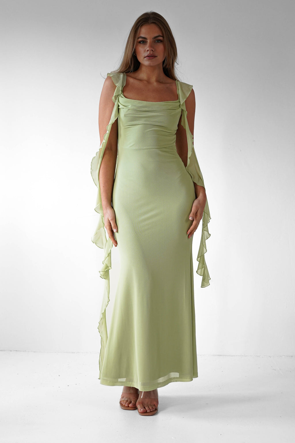 Virel | Women's Elegant Ruffle Strap Maxi Prom Dress
