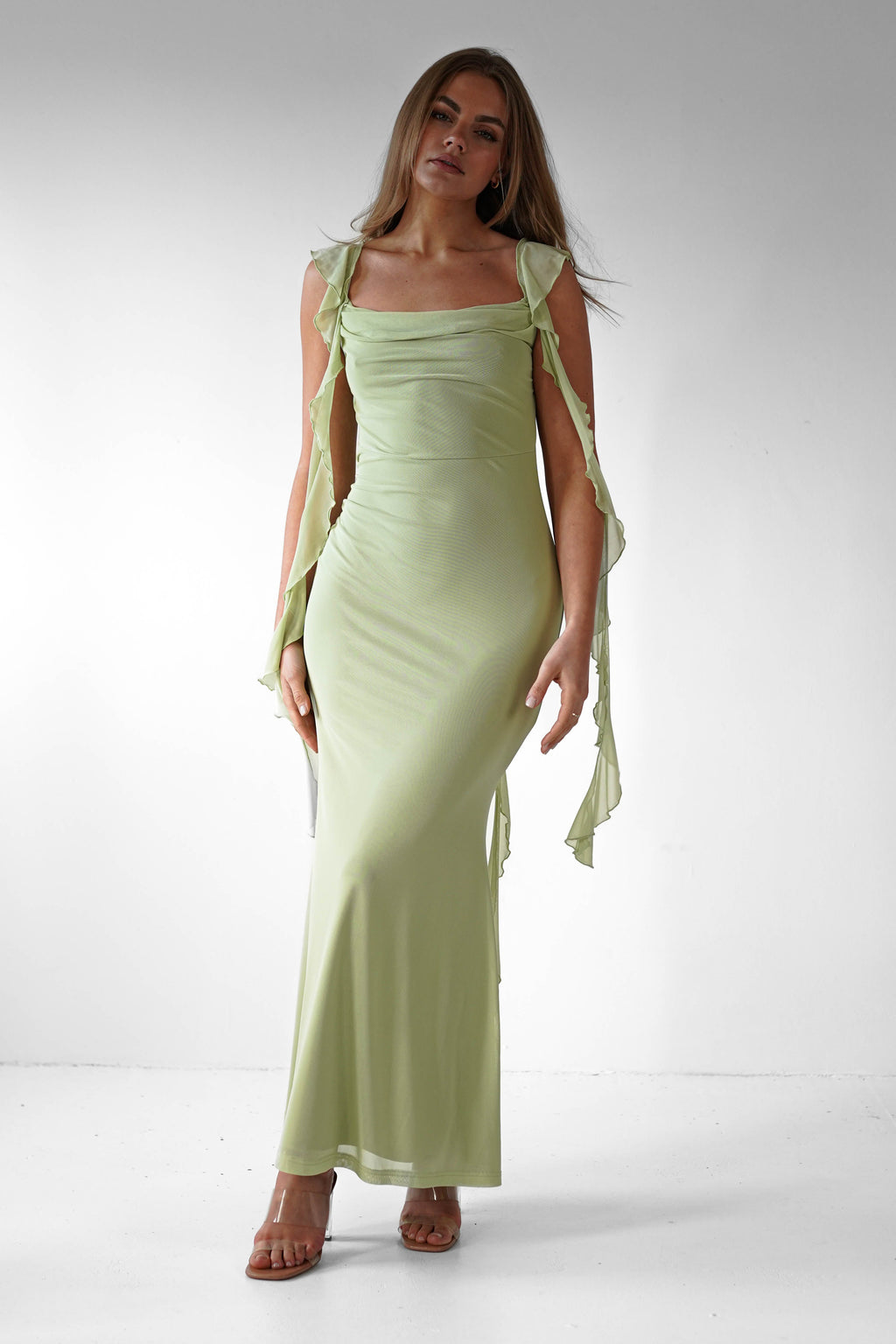 Virel | Women's Elegant Ruffle Strap Maxi Prom Dress