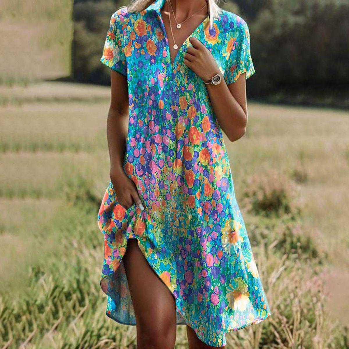 Matilda | Women's Boho Floral Print Shirt Midi Dress