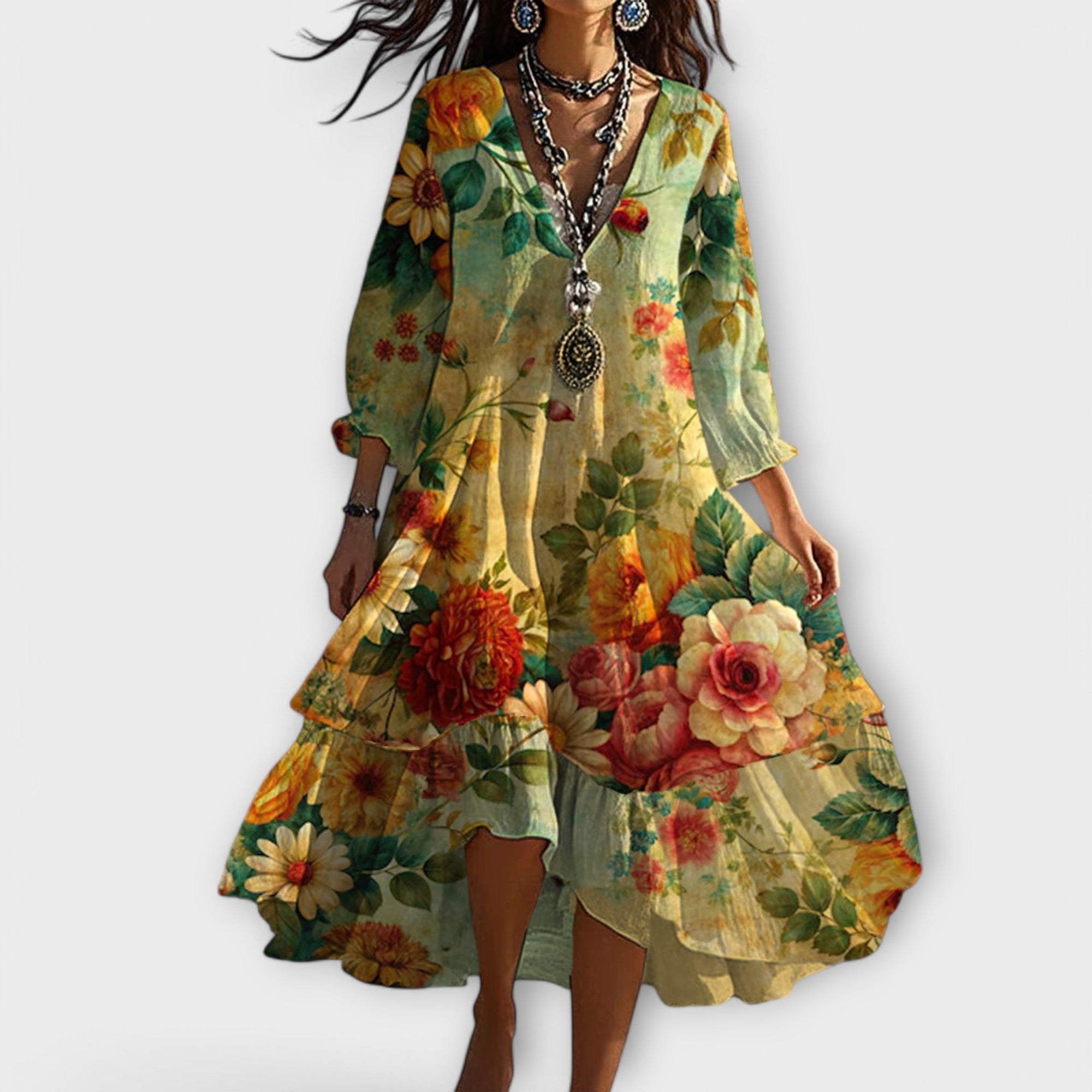 Fleur | Women's Vintage Boho Floral V-Neck Midi Dress